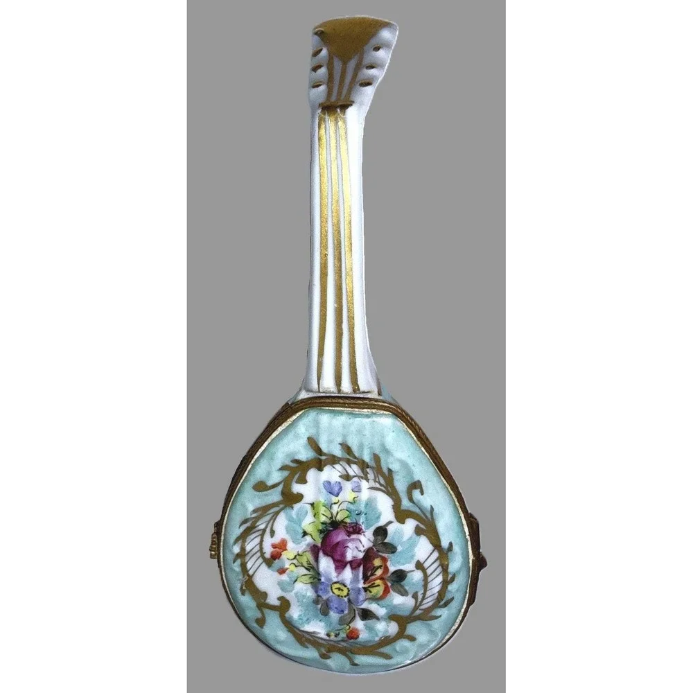 Antique Sevres Style Porcelain Mandolin Trinket Box Hand Paint Hinged Snuff Pill